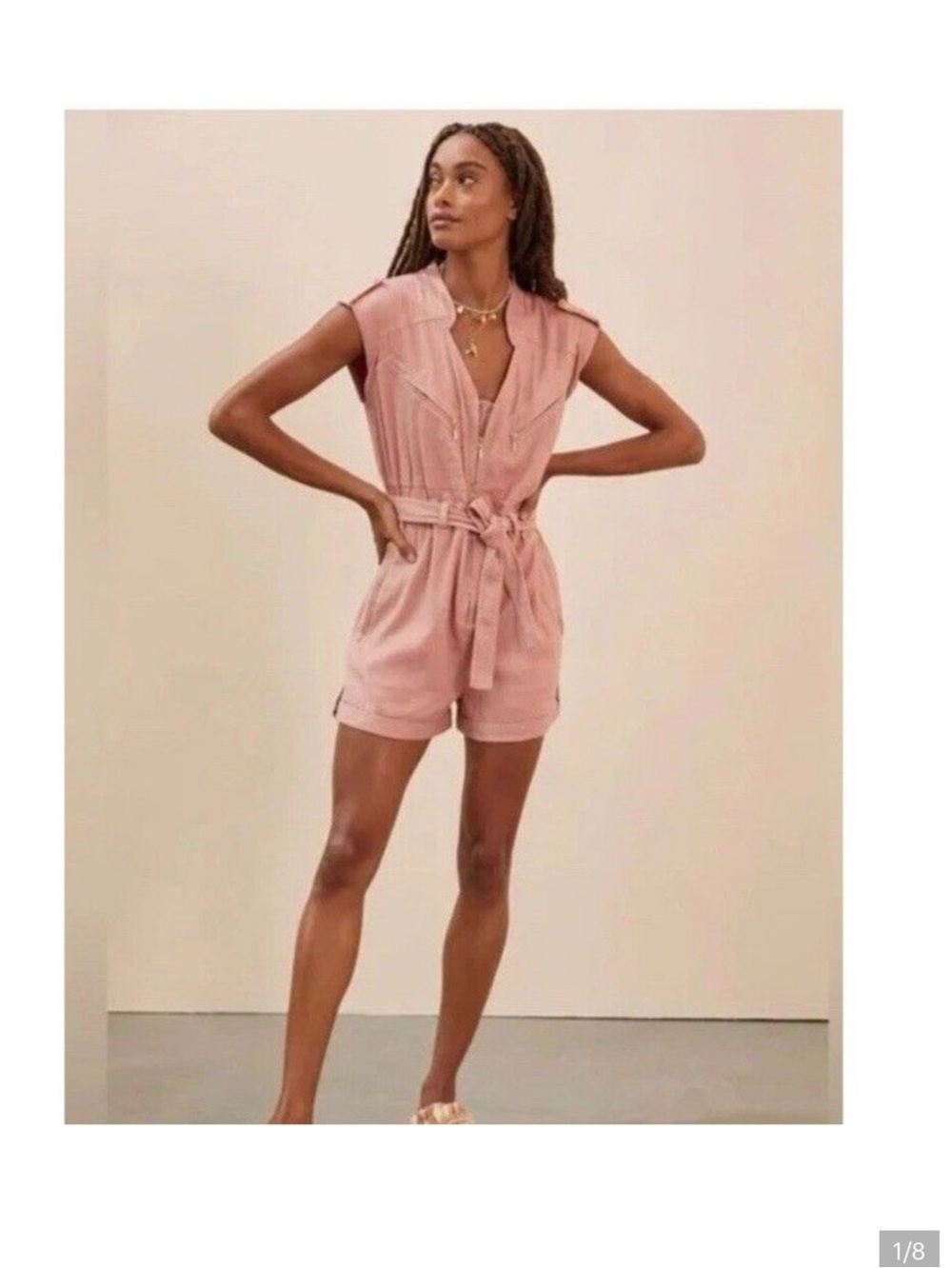 Anthropologie Sleeveless Blush Utility Romper with Self-Tie Waist Gold Zippers